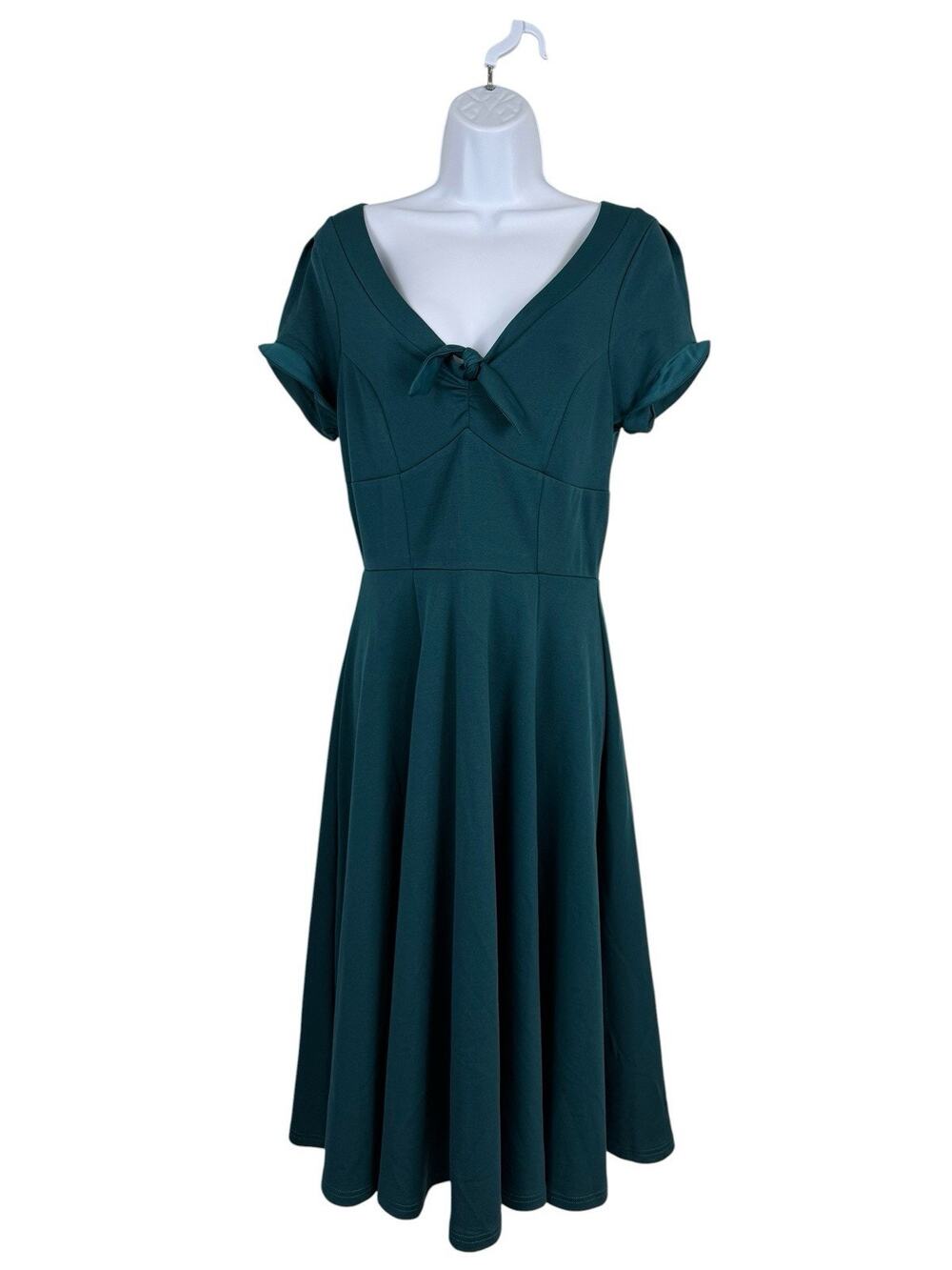 Unique Vintage Dress M 6/s8 Teal Blue Tie Front Fit Flare Swing Retro Pinup Midi
